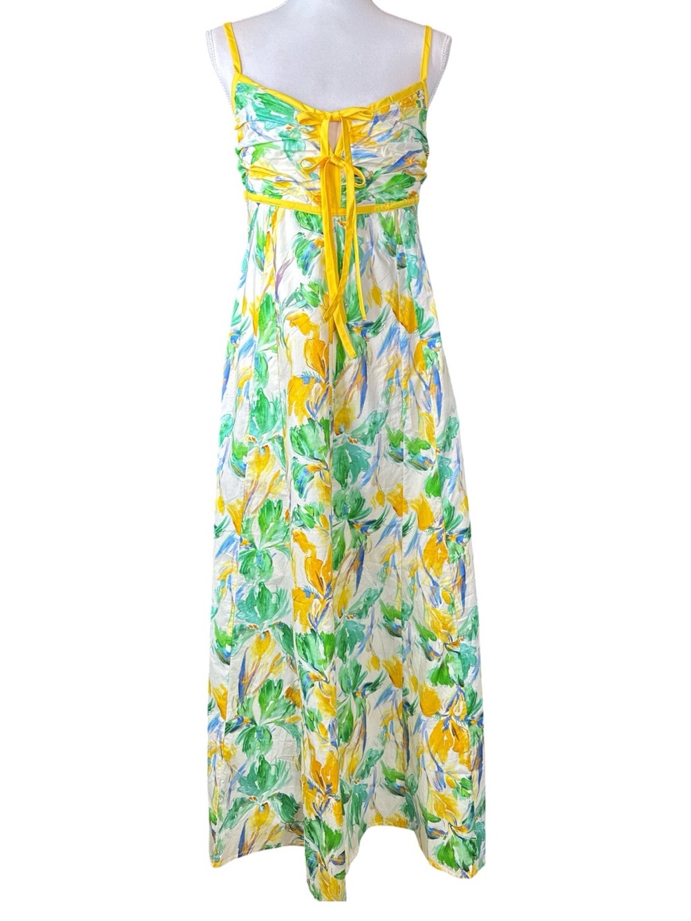 ENTRO Yellow Abstract Floral Print Ruching
Accented High Empire Waist Maxi Dress